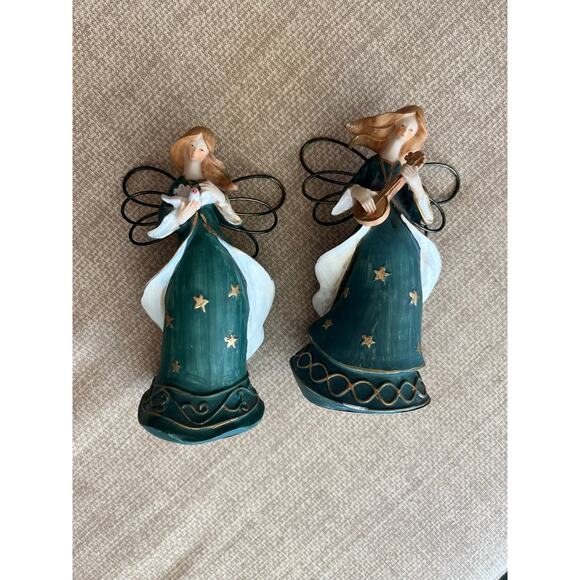 Set of 2 Greenbrier International Polystone Angels w/ Instrument and Dove 5.75" - Picture 1 of 5